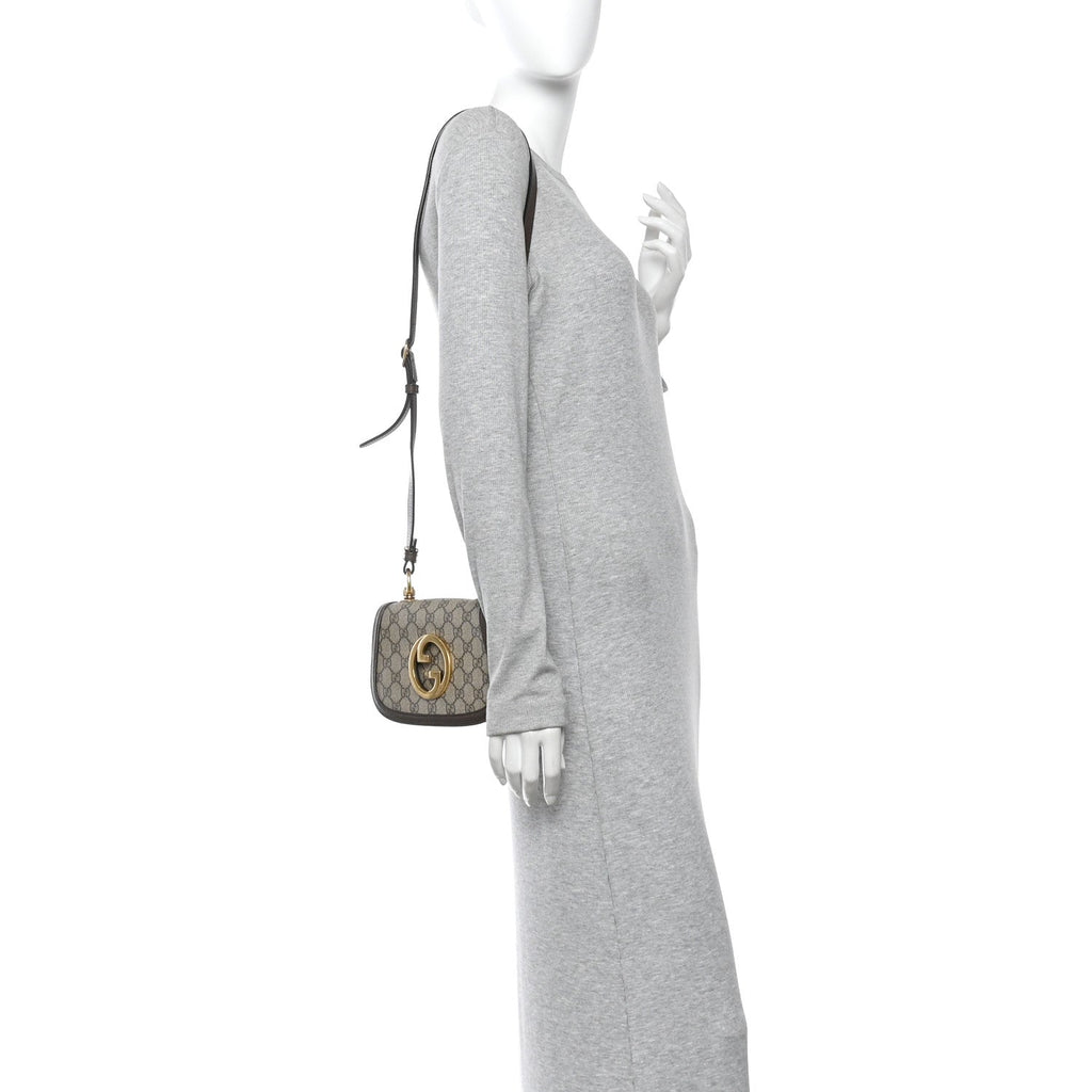Gucci GG Supreme Monogram Textured Dollar Calfskin Mini Blondie Chain Shoulder Flap Bag Beige Ebony New Acero