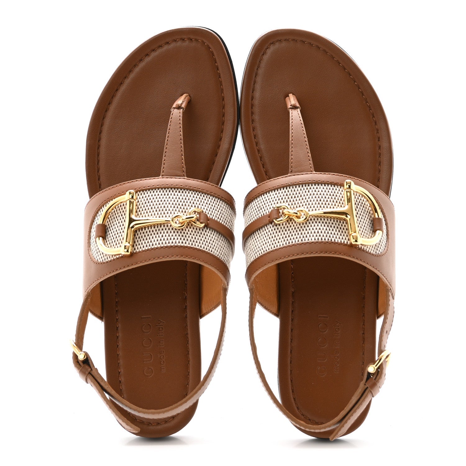 Gucci Calfskin Canvas Rice Horsebit Thong Sandals 37.5 Sundial Brown Natural