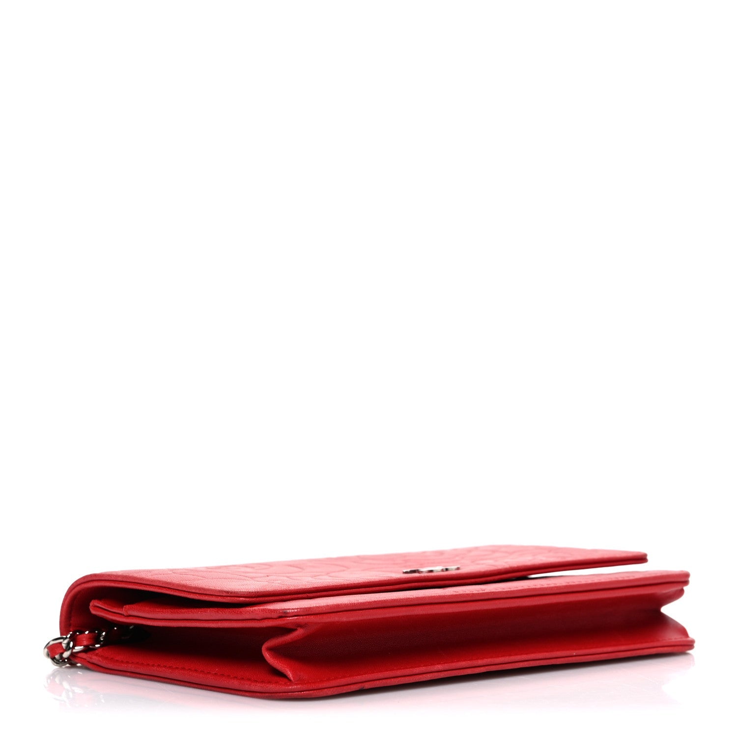 Chanel Lambskin Camellia Embossed Wallet on Chain WOC Red
