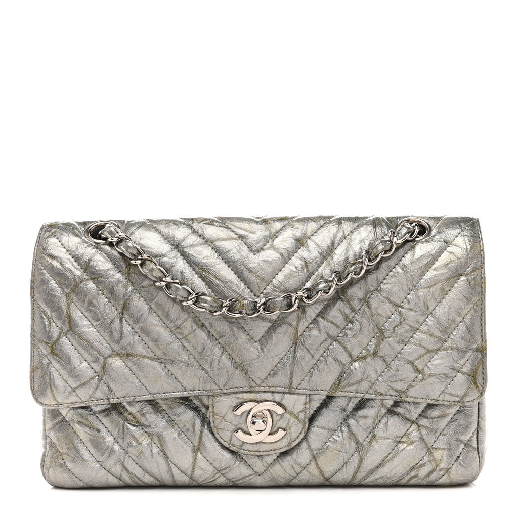 Chanel Metallic Patent Crumpled Calfskin Chevron Quilted Medium Double Flap Silver