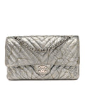Chanel Metallic Patent Crumpled Calfskin Chevron Quilted Medium Double Flap Silver