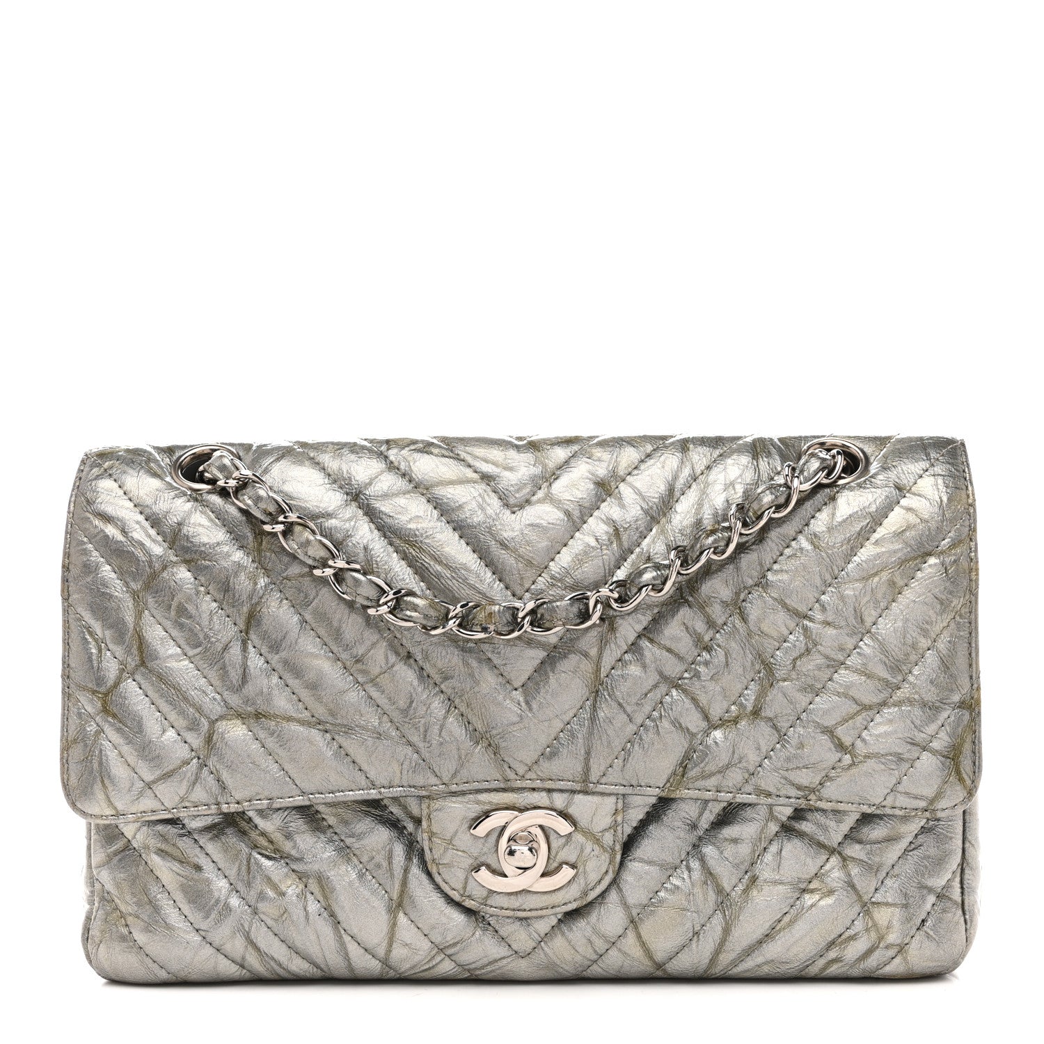 Chanel Metallic Patent Crumpled Calfskin Chevron Quilted Medium Double Flap Silver