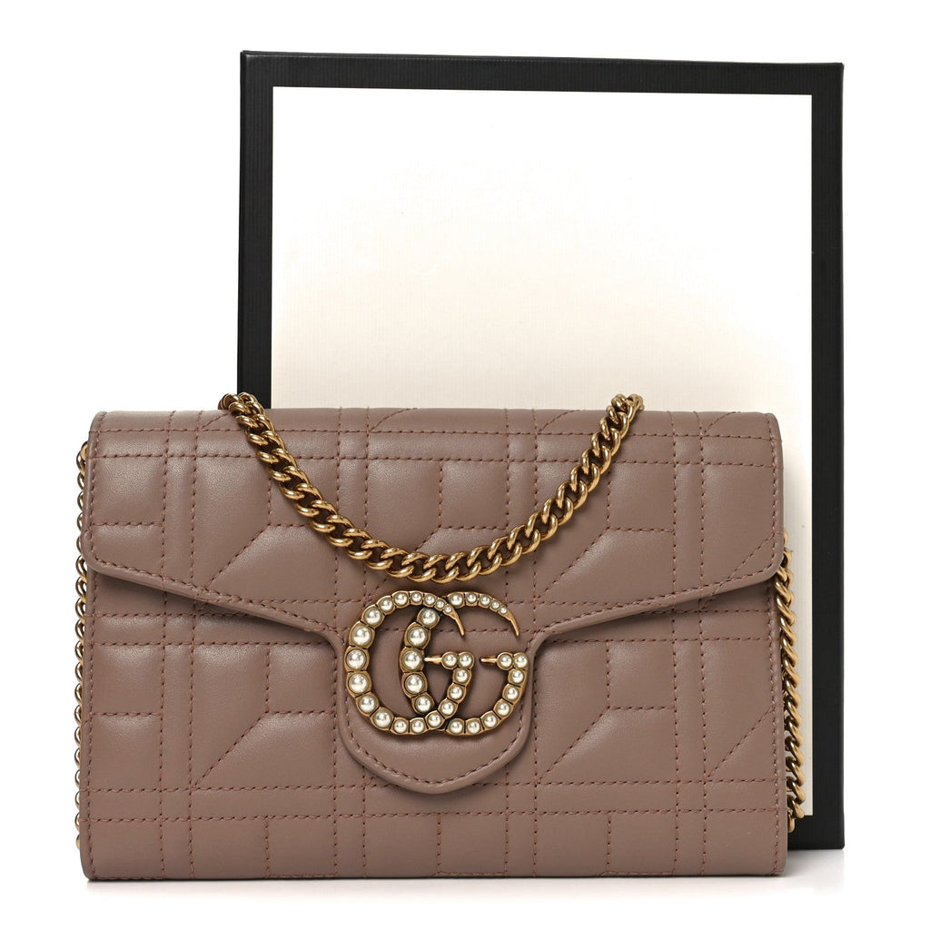 Gucci Calfskin Matelasse Mini Pearly GG Marmont Chain Wallet Porcelain Rose