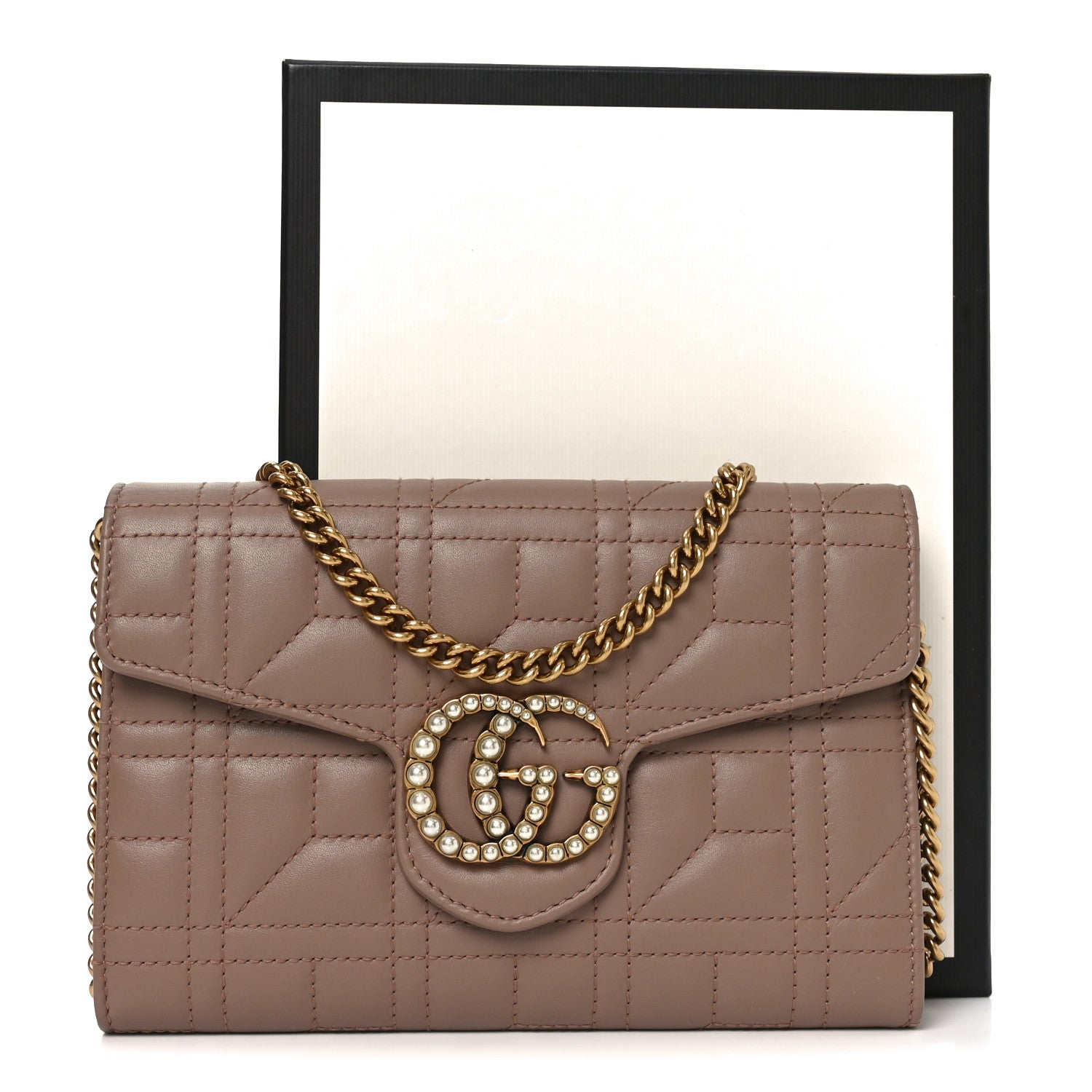 Gucci Calfskin Matelasse Mini Pearly GG Marmont Chain Wallet Porcelain Rose