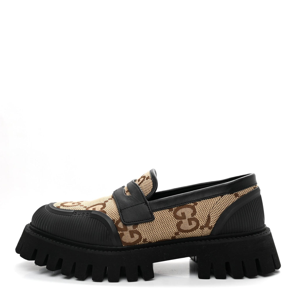 Gucci Monogram Jumbo GG Miro Soft Calfskin Mens Lug Sole Loafers 8.5 Camel Ebony Black