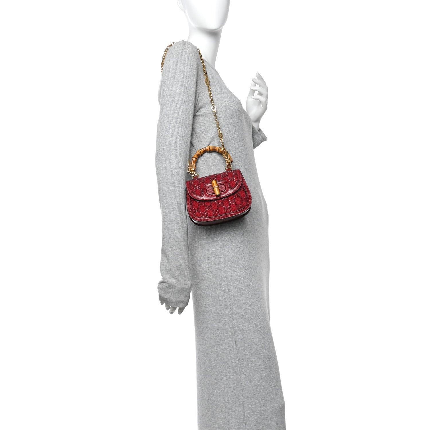 Gucci Moire Fabric Calfskin Rhinestone Monogram Monochrome Lizard Embossed Mini Bamboo 1947 Top Handle Chain Bag Red