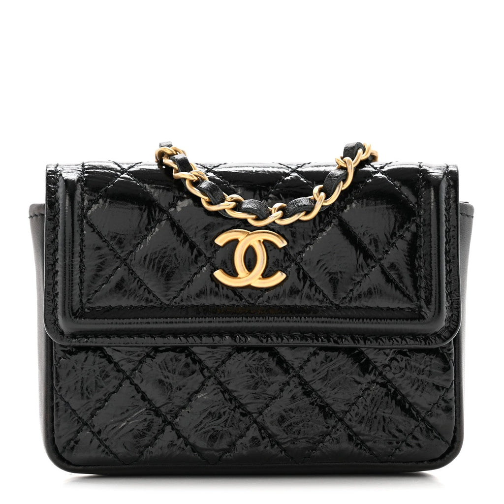 Chanel Shiny Aged Calfskin Quilted Waist Belt Bag Black