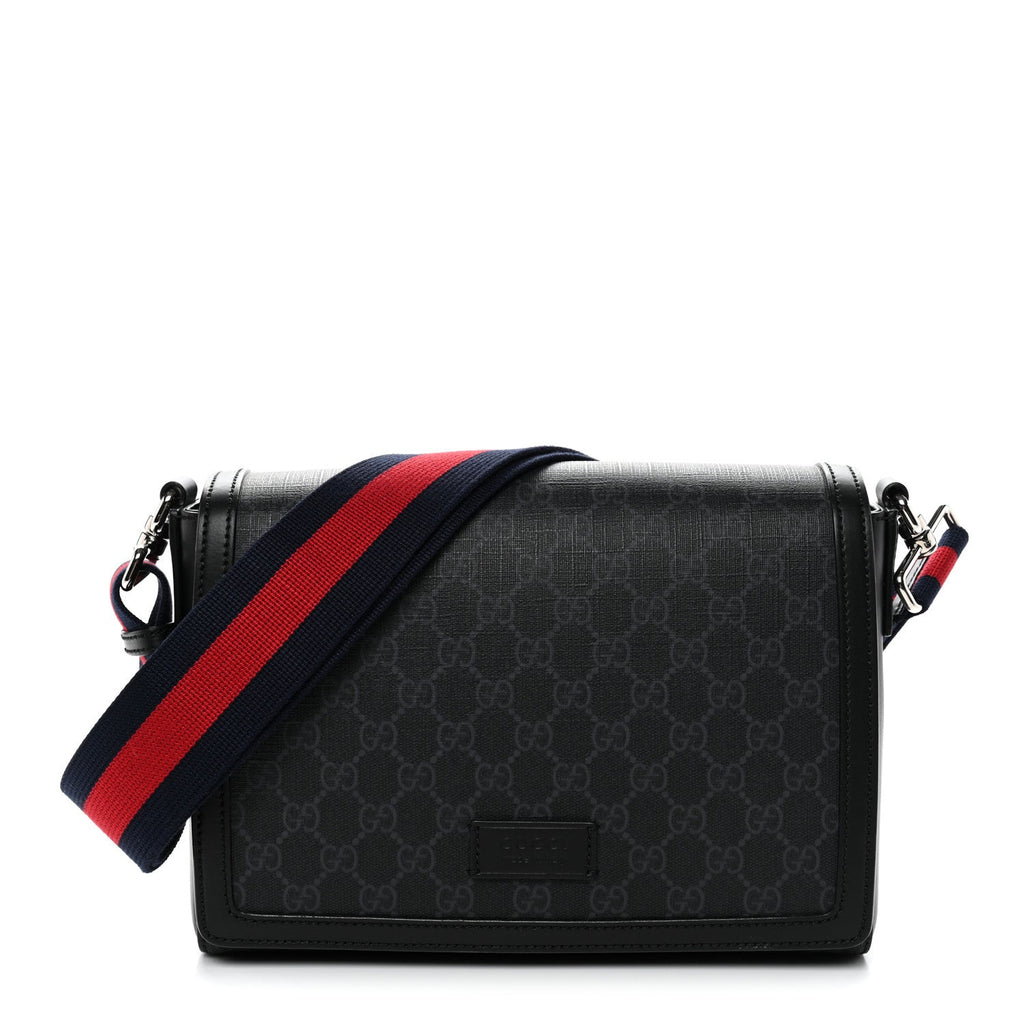 Gucci GG Supreme Monogram Appia Calfskin Web Crossbody Bag Black Grey