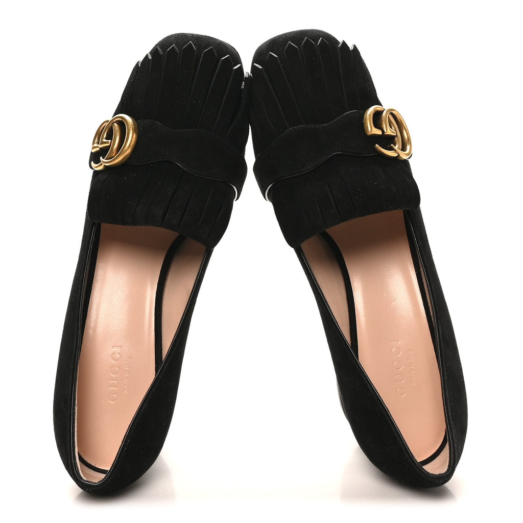 Gucci Kid Scamosciato GG Marmont Fringe 50mm Loafer Pumps 38 Black