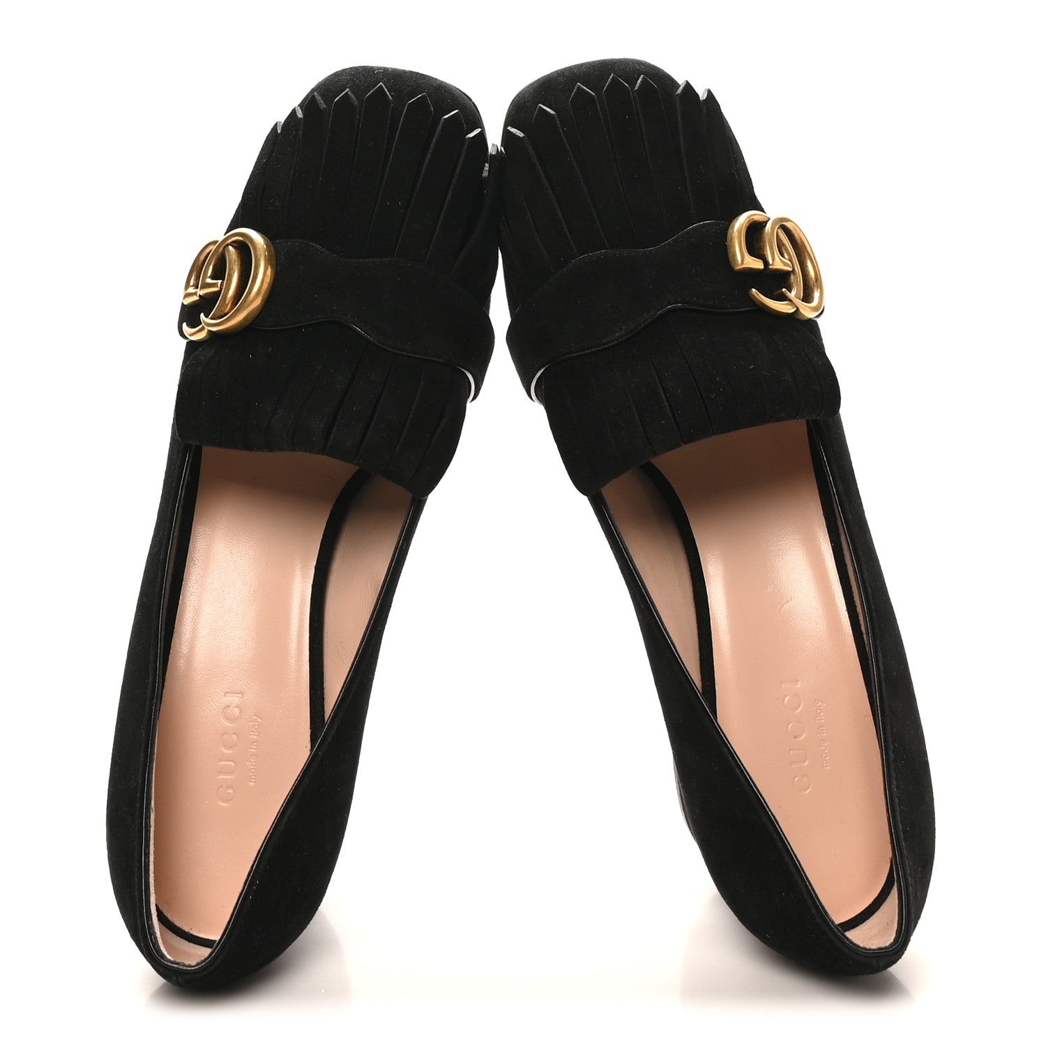 Gucci Kid Scamosciato GG Marmont Fringe 50mm Loafer Pumps 38 Black