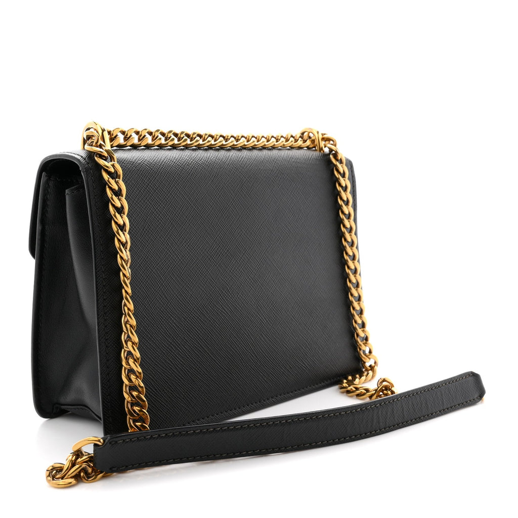 Prada Saffiano Soft Calfskin Metal Triangle Logo Envelope Chain Shoulder Bag Black