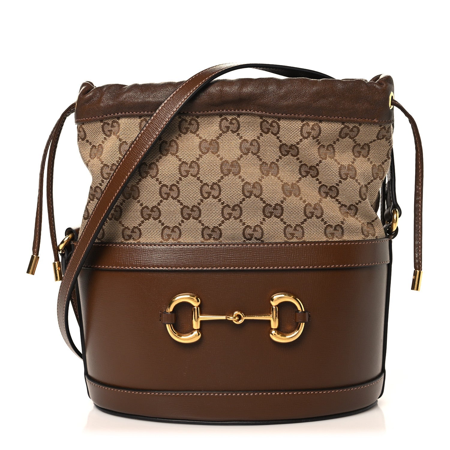 Gucci Monogram Textured Calfskin Horsebit 1955 Drawstring Bucket Bag Beige Brown Sugar