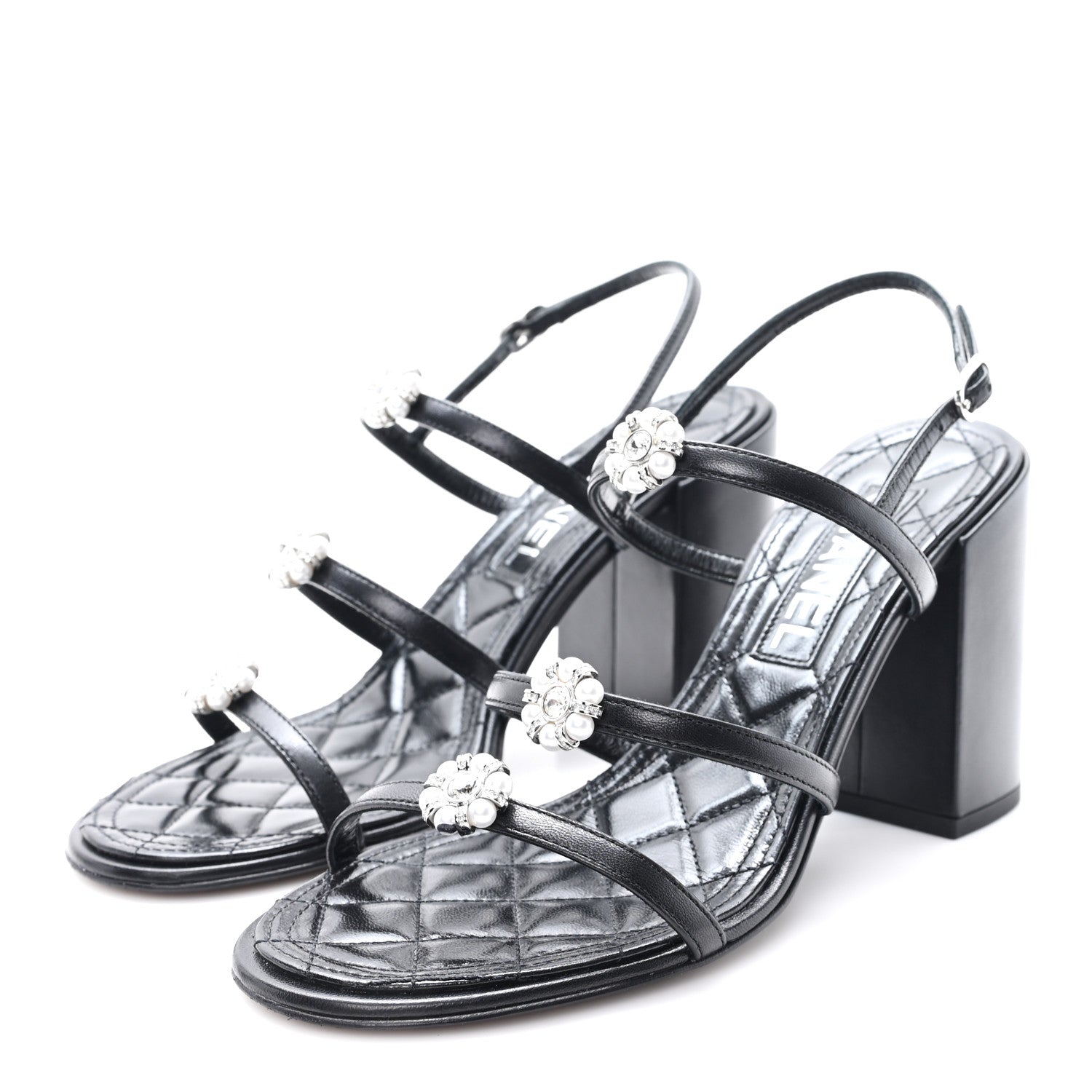 Laminated Lambskin Pearl CC Sandals 37.5 Black