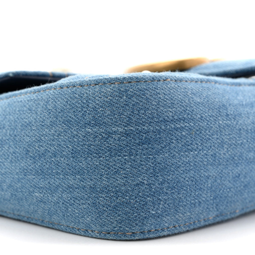 Gucci Denim Matelasse Pearl Studded Mini GG Marmont Shoulder Bag Blue
