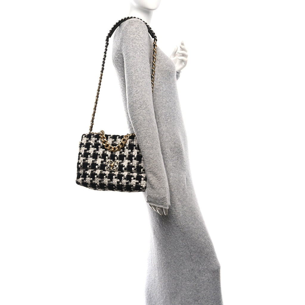 Chanel Tweed Quilted Large Chanel 19 Flap Black Ecru White