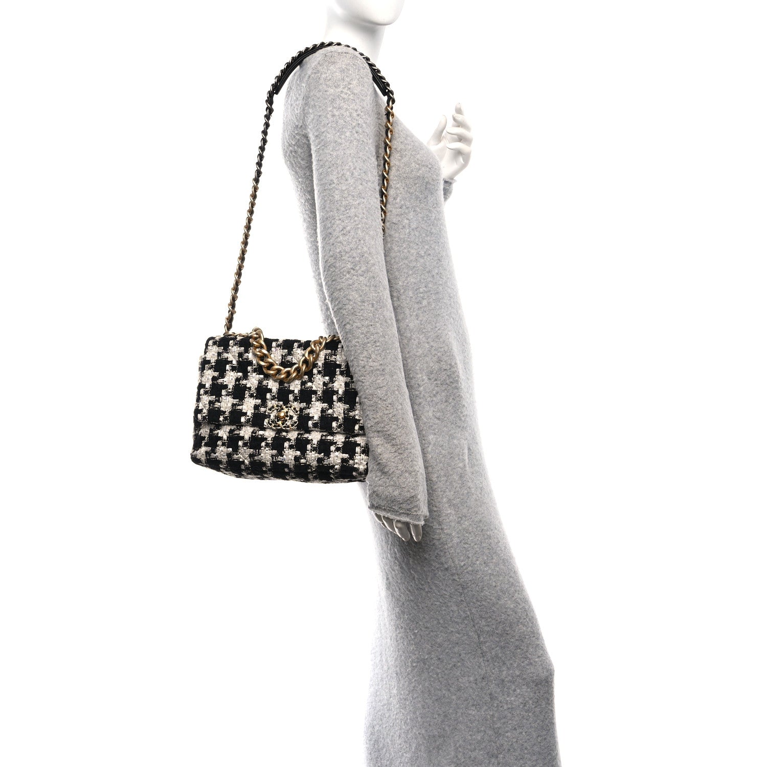 Chanel Tweed Quilted Large Chanel 19 Flap Black Ecru White