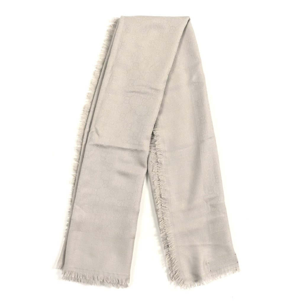 Gucci Wool Jacquard GG Monogram Fringe Scarf Lead