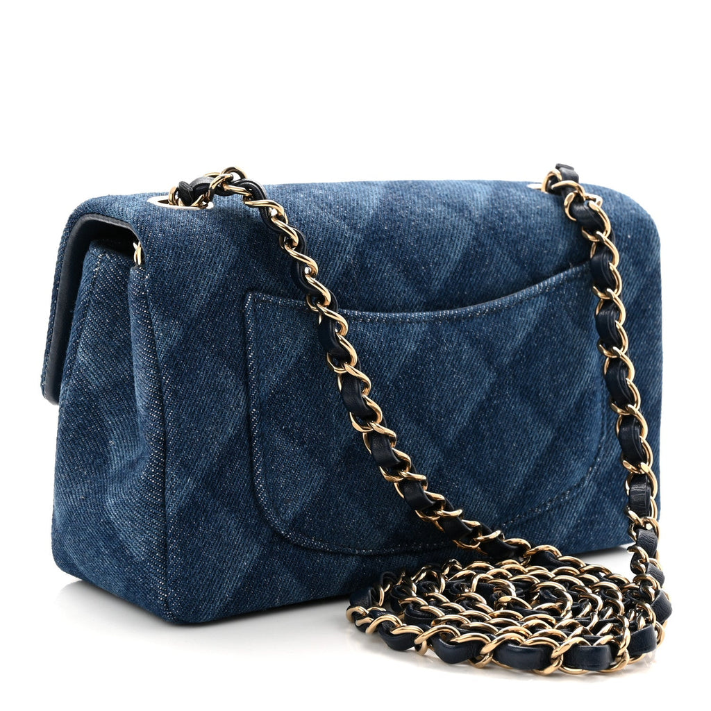 Chanel Printed Denim Quilted Mini Rectangular Flap Dark Blue