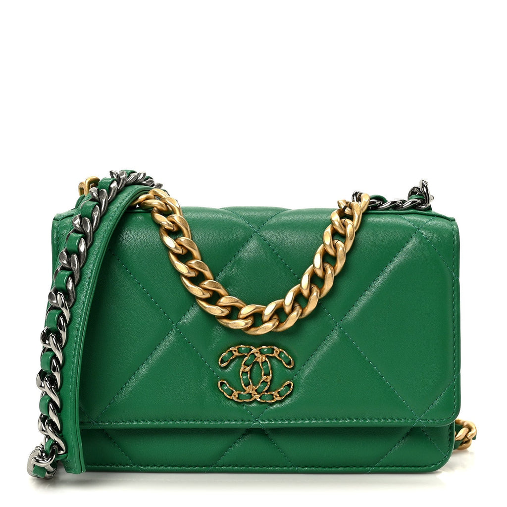 Chanel Lambskin Quilted Chanel 19 Wallet On Chain WOC Green