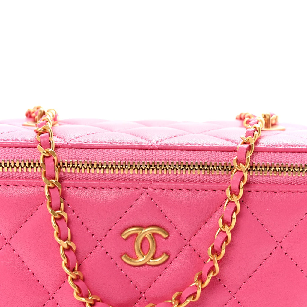 Chanel Lambskin Enamel Quilted Small Coco Hearts Vanity Case With Chain Pink