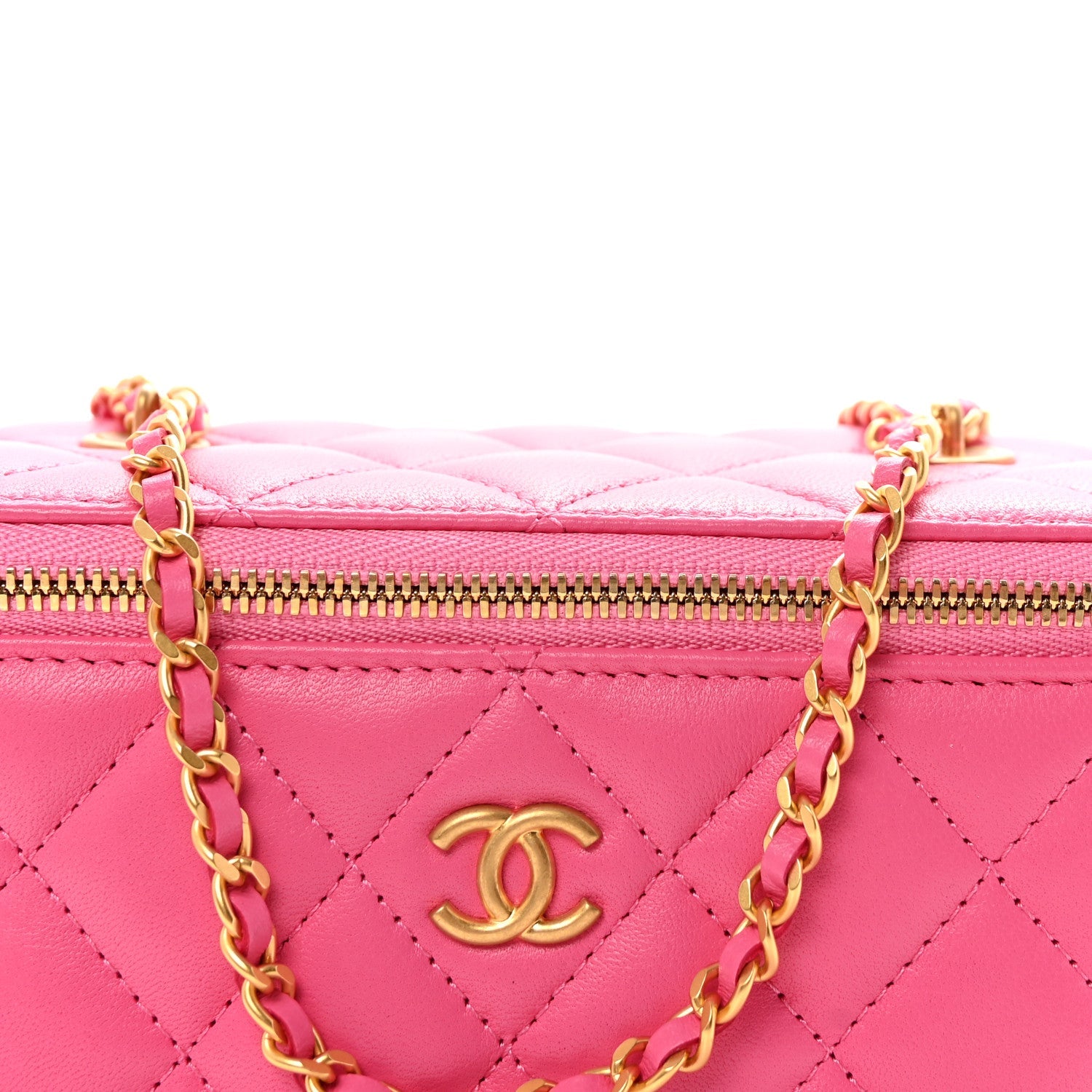 Chanel Lambskin Enamel Quilted Small Coco Hearts Vanity Case With Chain Pink