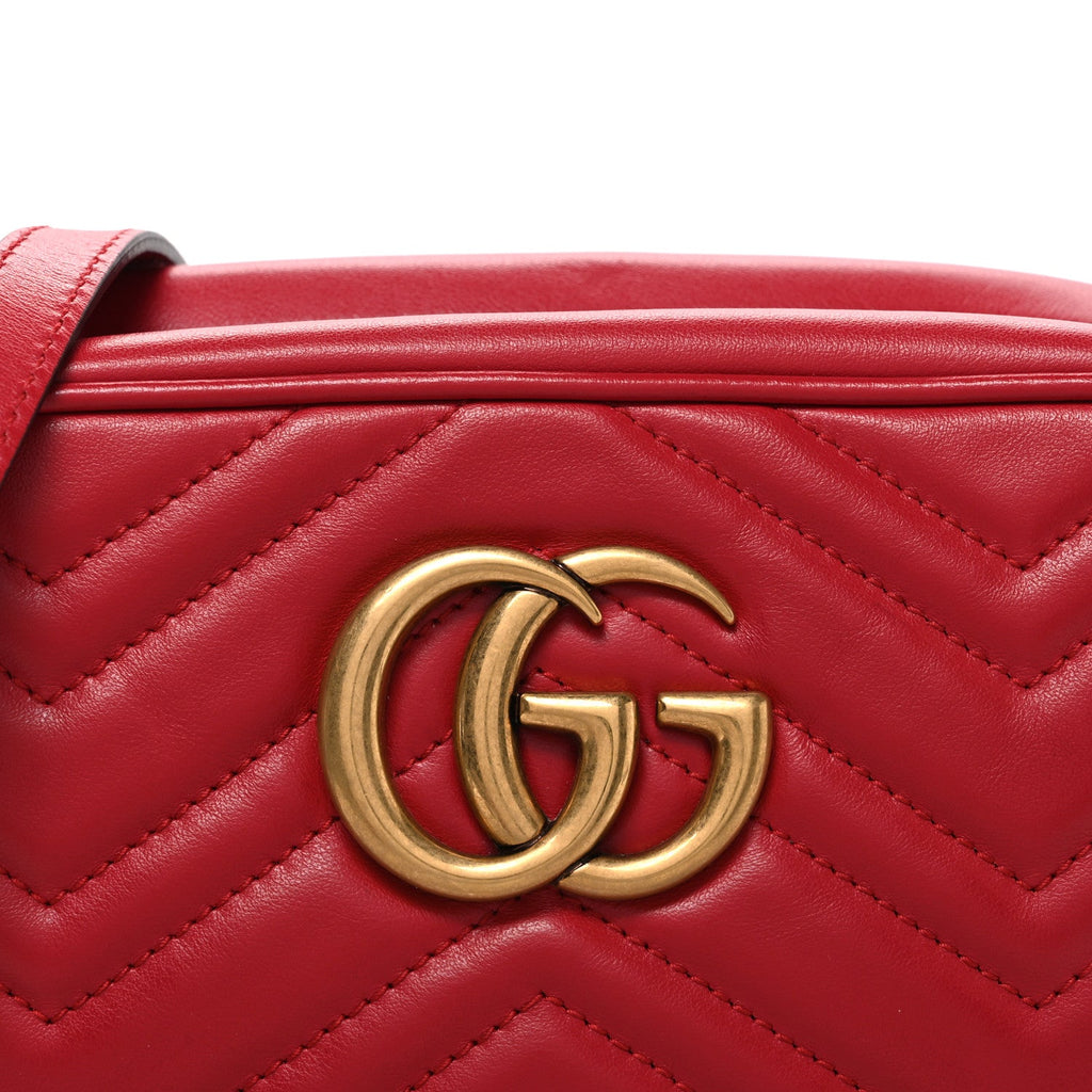 Gucci Calfskin Matelasse Small GG Marmont Chain Shoulder Bag Hibiscus Red