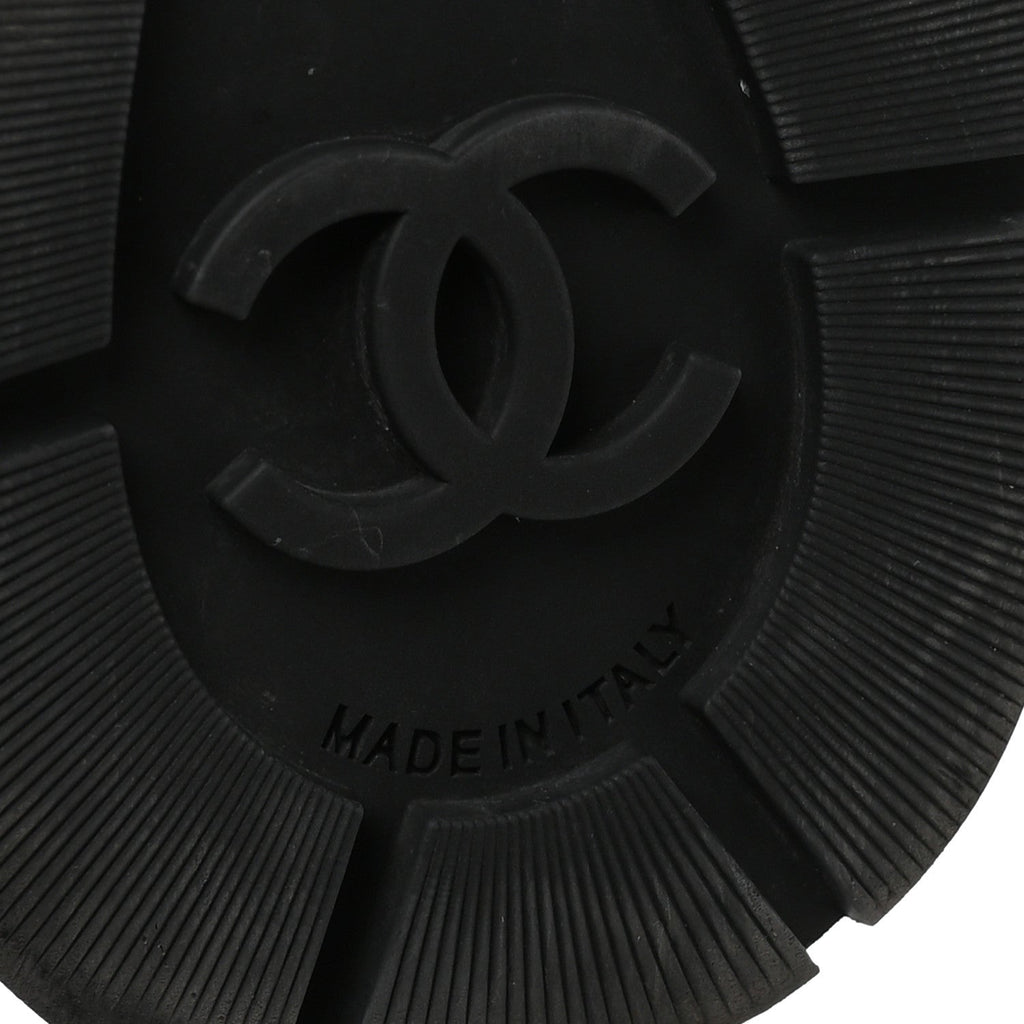 Chanel Shiny Calfskin Patent Quilted Chain Lace Up Combat Long Boots 38.5 Black