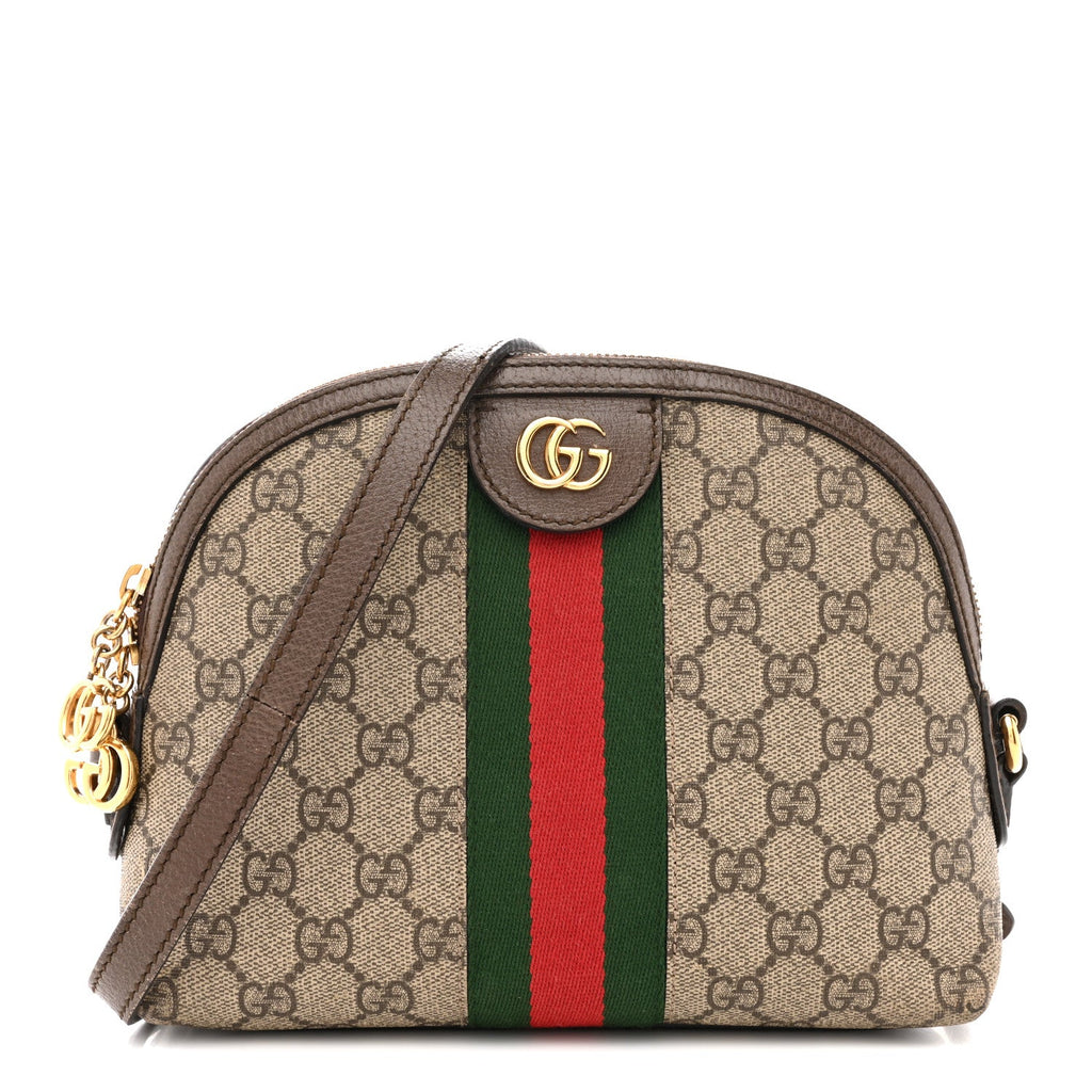Gucci GG Supreme Monogram Textured Dollar Calfskin Web Small Ophidia Dome Shoulder Bag Beige Ebony New Acero