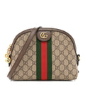 Gucci GG Supreme Monogram Textured Dollar Calfskin Web Small Ophidia Dome Shoulder Bag Beige Ebony New Acero