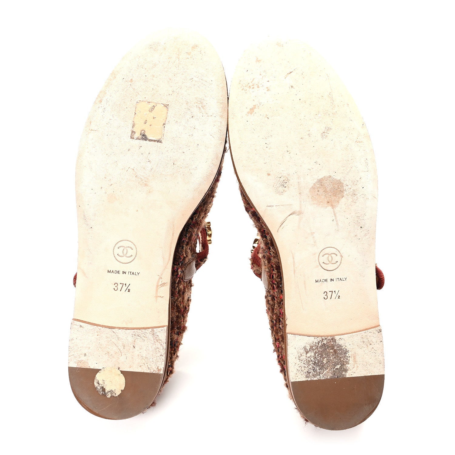Chanel Wool Tweed Mary Jane Flats 37.5 Brown Red Dark Blue