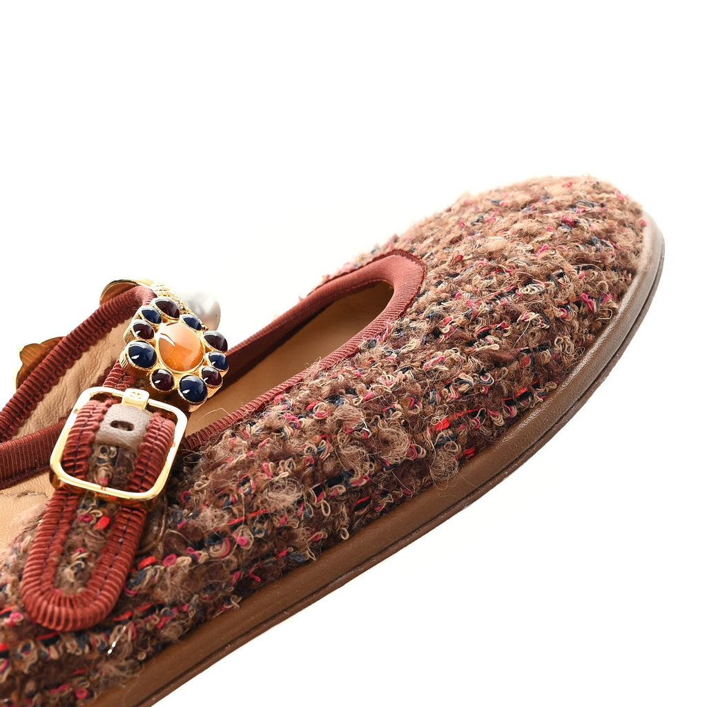 Chanel Wool Tweed Mary Jane Flats 37.5 Brown Red Dark Blue