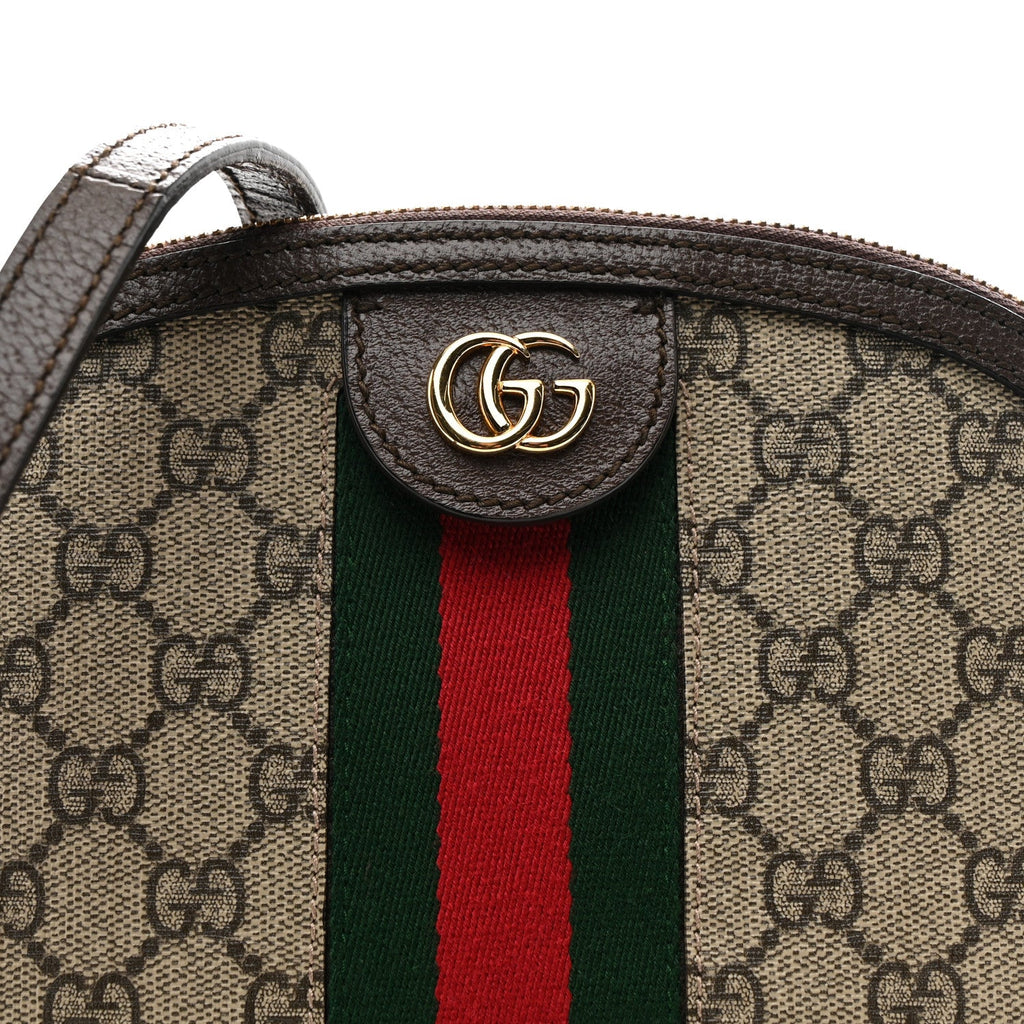 Gucci GG Supreme Monogram Textured Dollar Calfskin Web Small Ophidia Dome Shoulder Bag Beige Ebony New Acero
