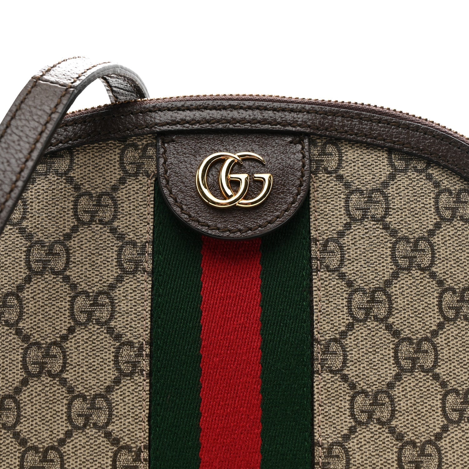 Gucci GG Supreme Monogram Textured Dollar Calfskin Web Small Ophidia Dome Shoulder Bag Beige Ebony New Acero
