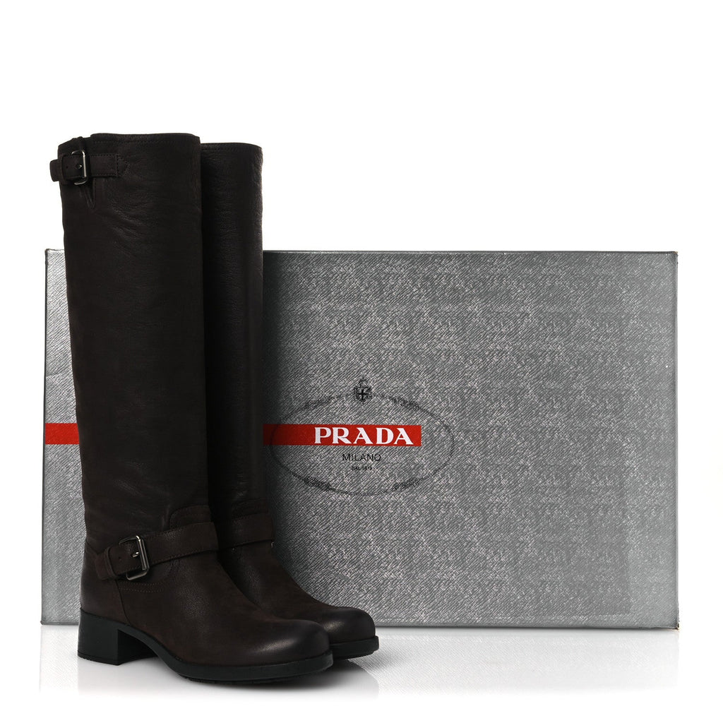 Prada Capra Antic Donna Tall Riding Boots 37 Ebano