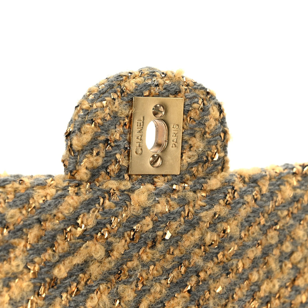 Chanel Metallic Tweed Quilted Medium Single Flap Beige Grey Gold