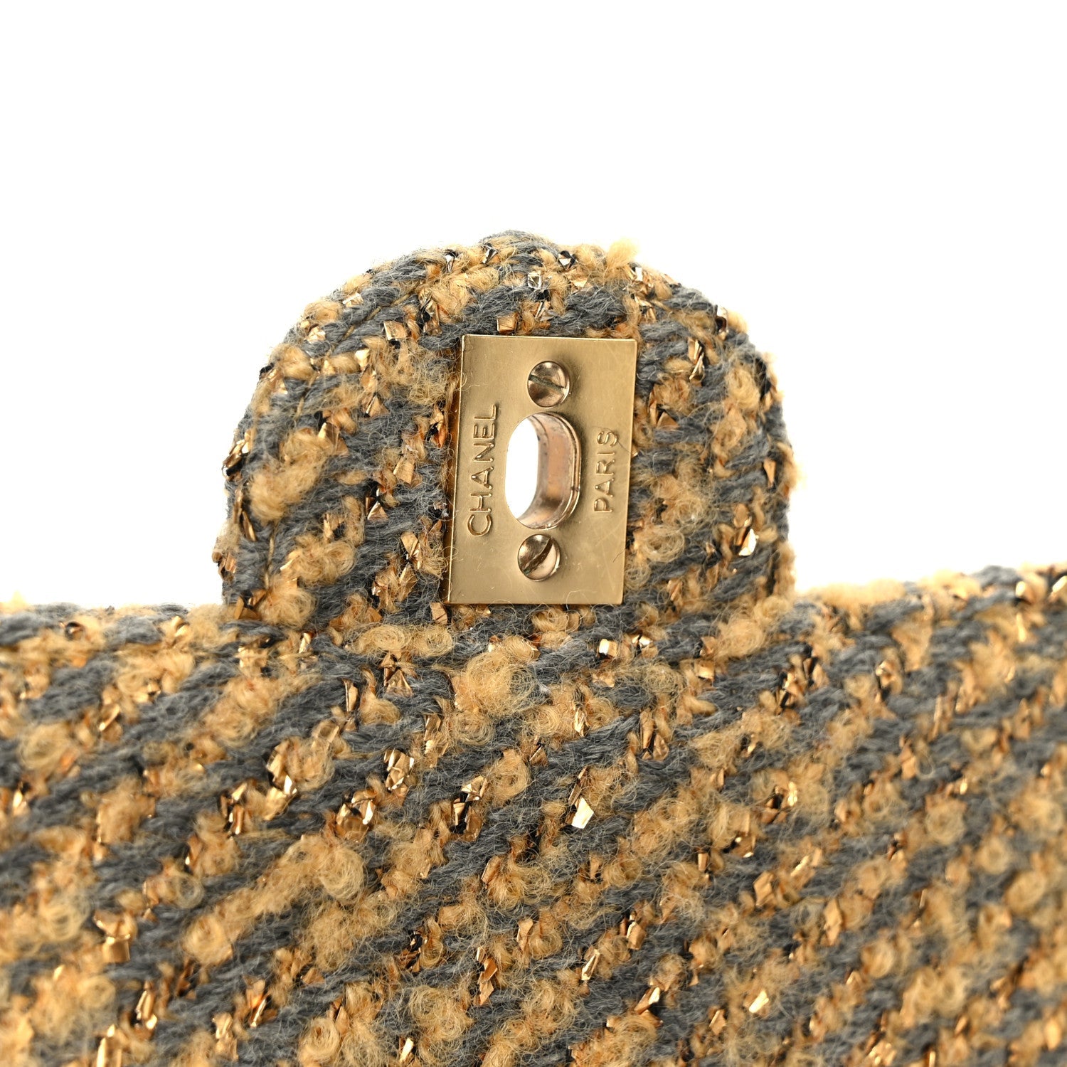 Chanel Metallic Tweed Quilted Medium Single Flap Beige Grey Gold