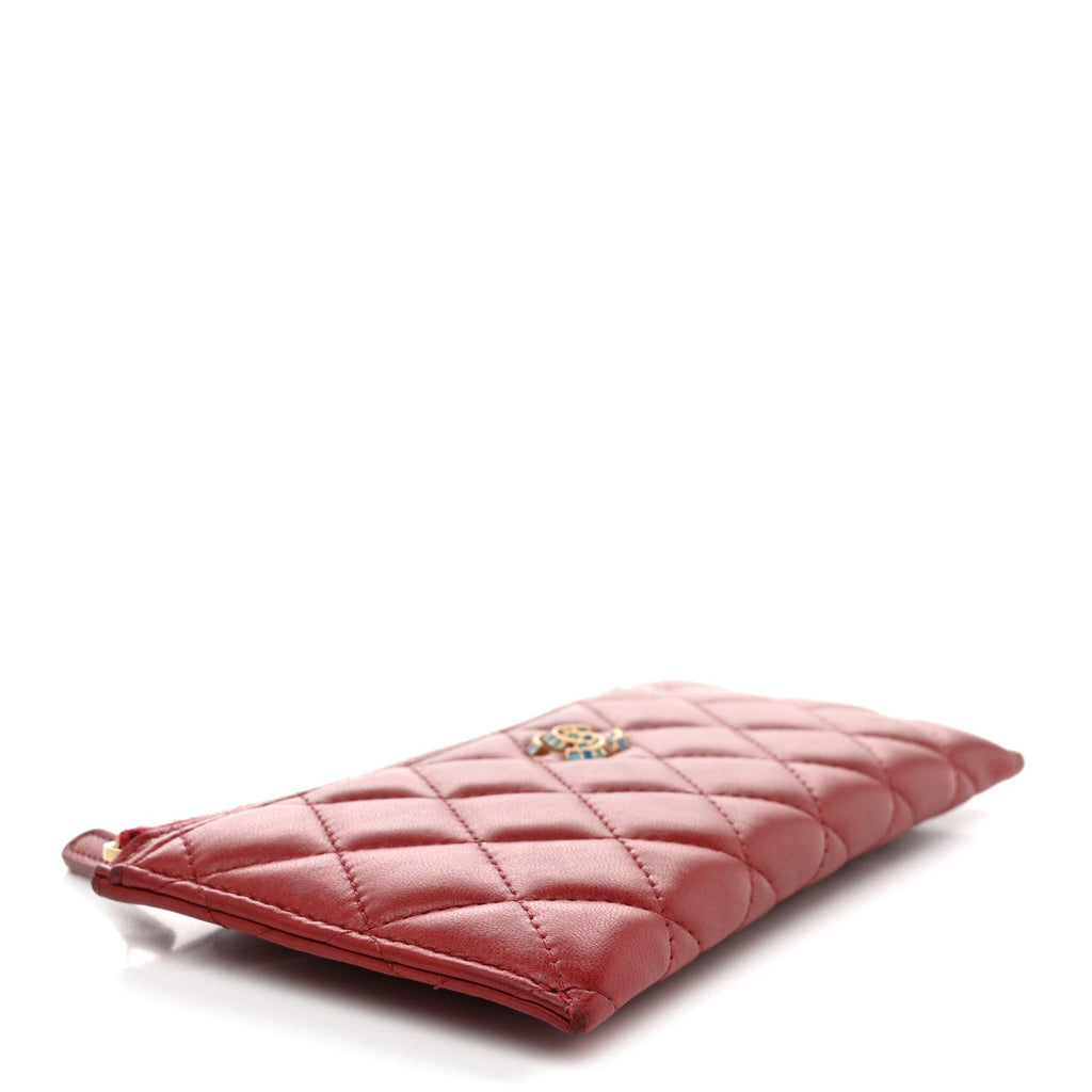 Lambskin Enamel Quilted Classic Zip Pouch Red