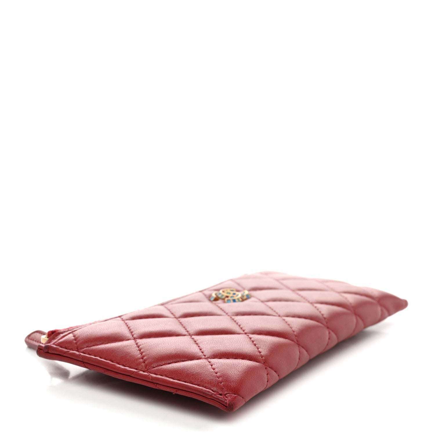 Lambskin Enamel Quilted Classic Zip Pouch Red