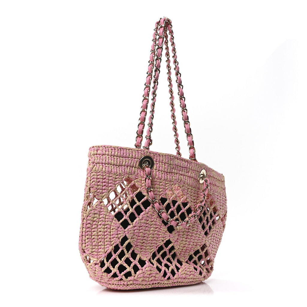 Chanel Raffia Effect Braided Small Shopping Bag Beige Pink