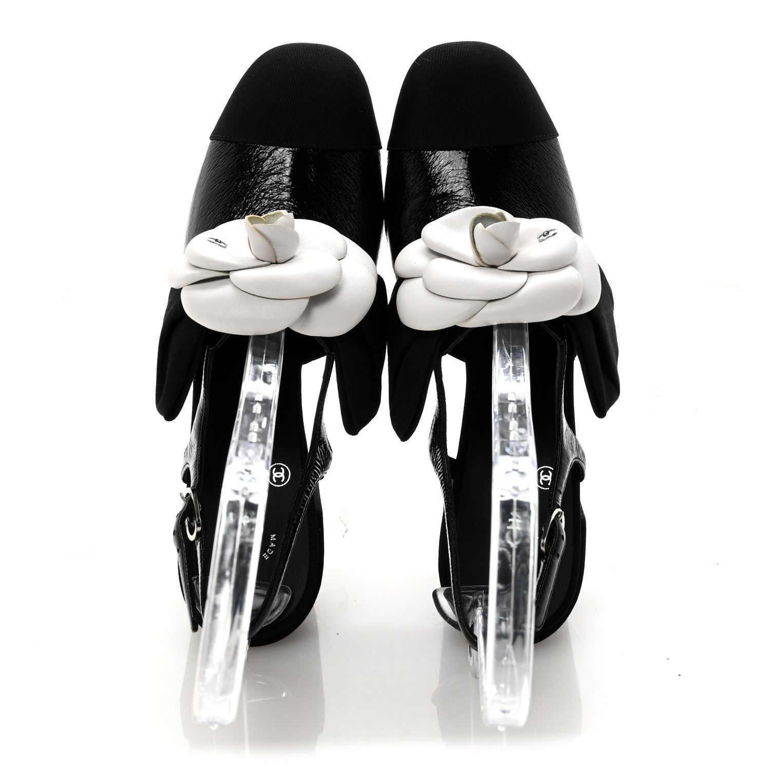 Crumpled Shiny Fabric Grosgrain Cap Toe Camellia Bow Slingback Pumps 39 Black