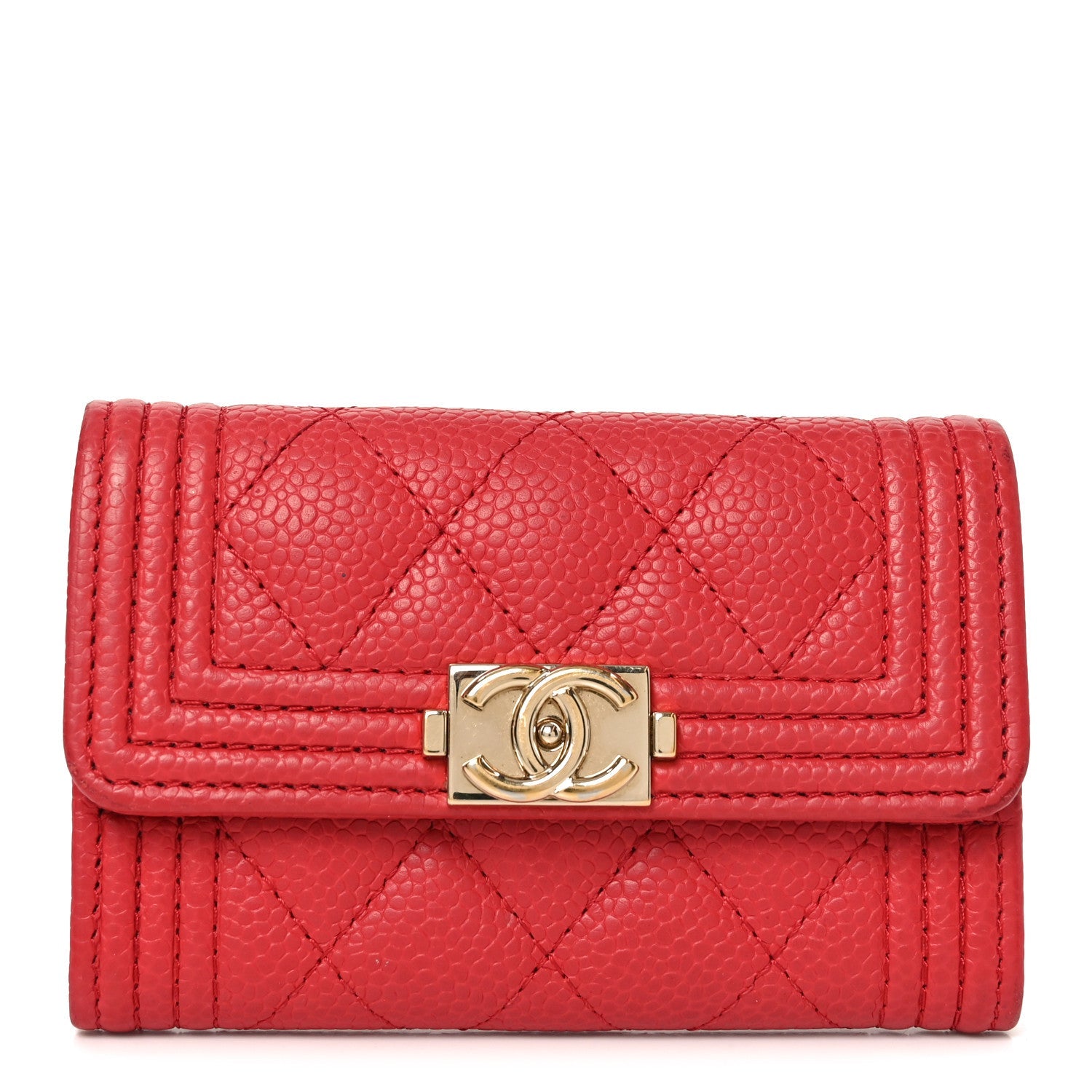 Caviar Quilted Boy Flap Card Holder Wallet Red