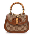 Gucci New Canvas Charisma Calfskin Crystal GG Monogram Small Bamboo 1947 Top Handle Bag Camel Ebony