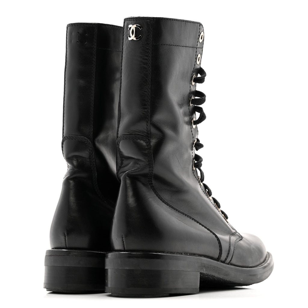 Calfskin Lace Up Combat Boots  39.5 Black
