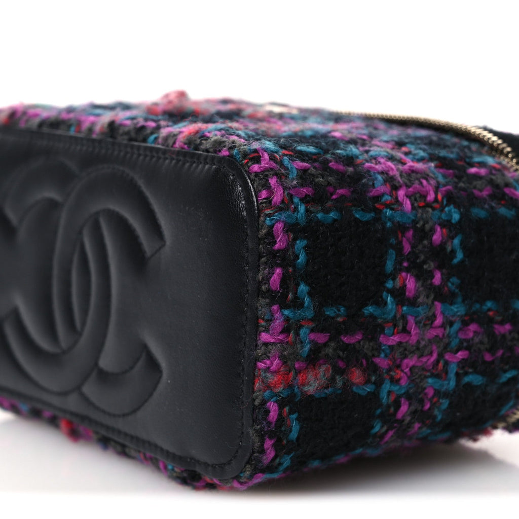 Chanel Tweed Quilted Small Vanity Case With Chain Black Purple Green Red