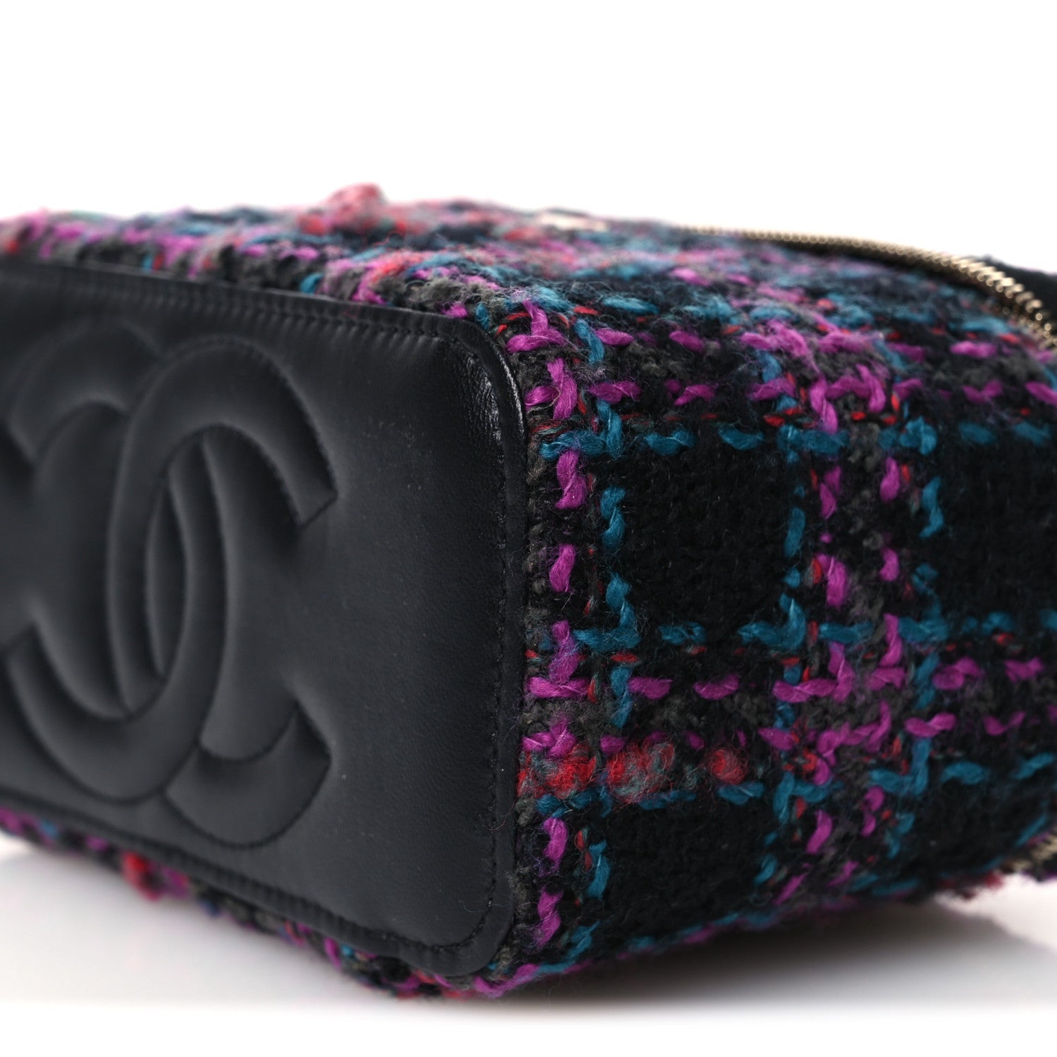 Chanel Tweed Quilted Small Vanity Case With Chain Black Purple Green Red