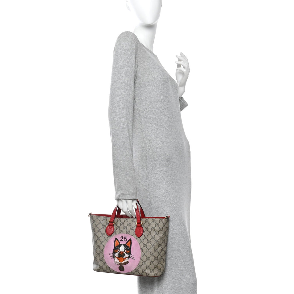 Gucci Soft GG Supreme Monogram Web Bosco Patch Small Crossbody Tote Beige Malva Hibiscus Red