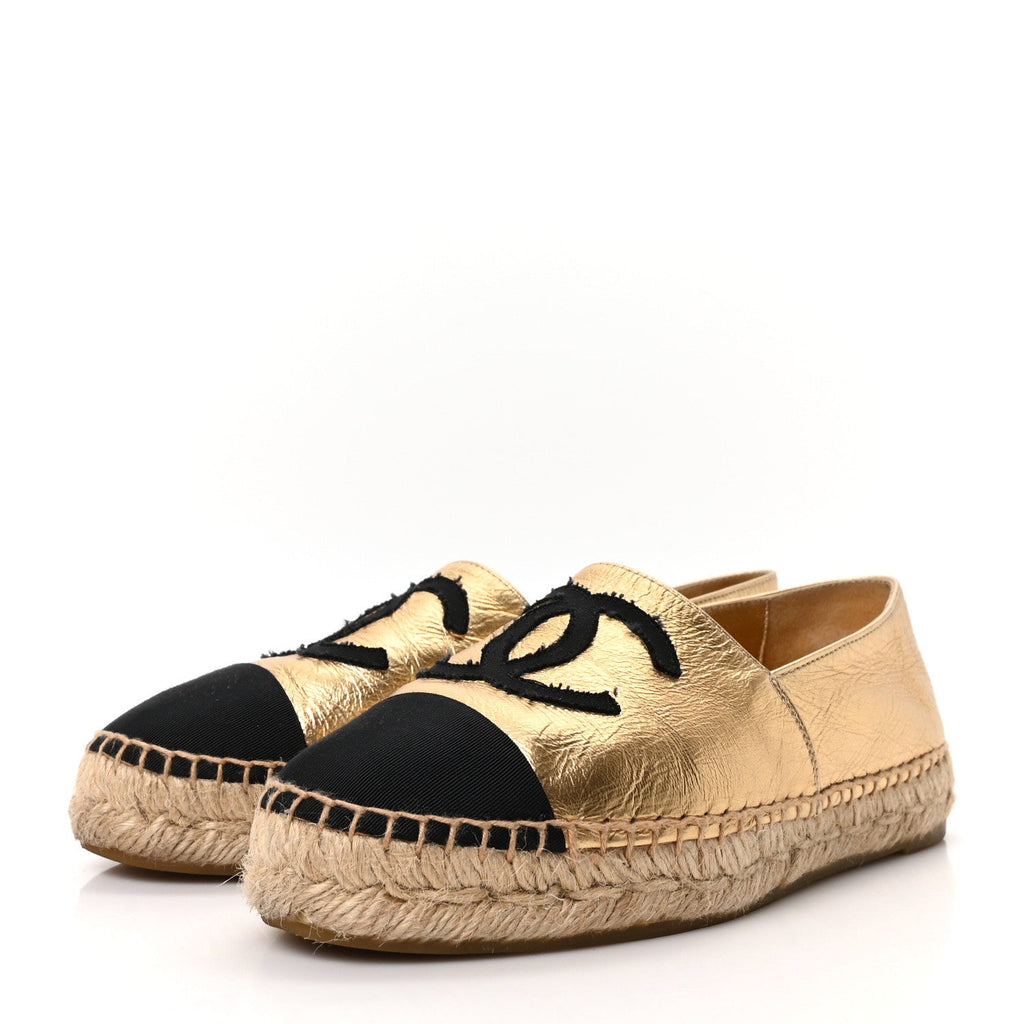 Laminated Lambskin Grosgrain CC Espadrilles 35 Gold Black