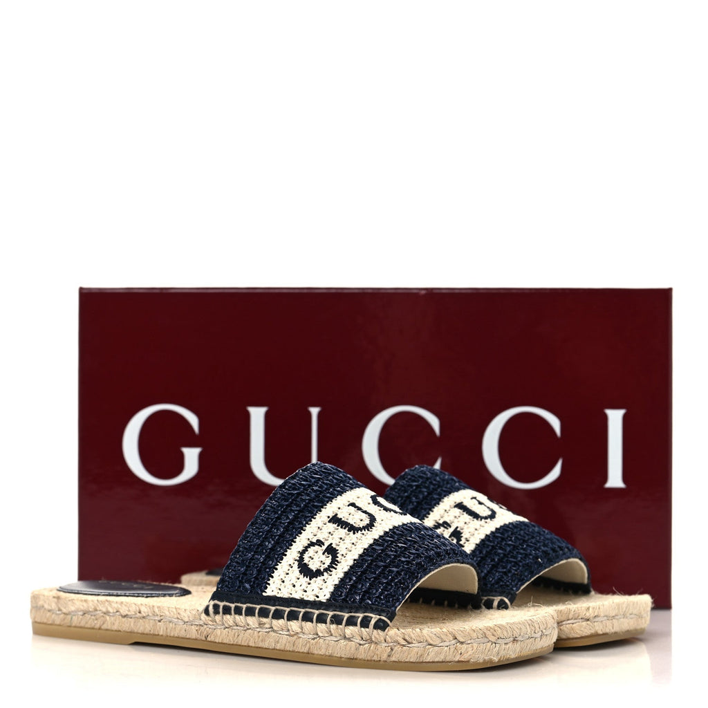 Gucci Macrochet Raffia Logo Flat Slide Espadrille Sandals 37.5 Blue Great White