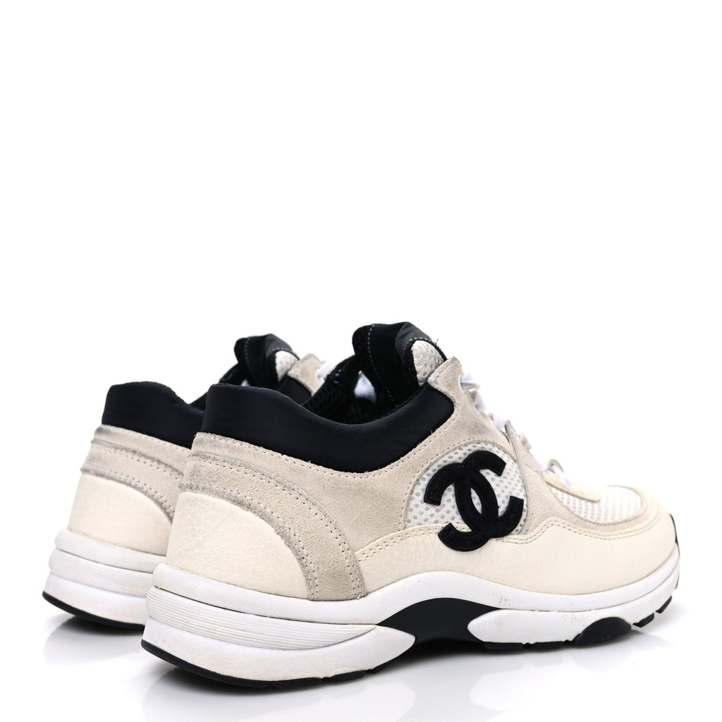 Mesh Suede Calfskin Grained Calfskin Womens CC Sneakers 36 White Black