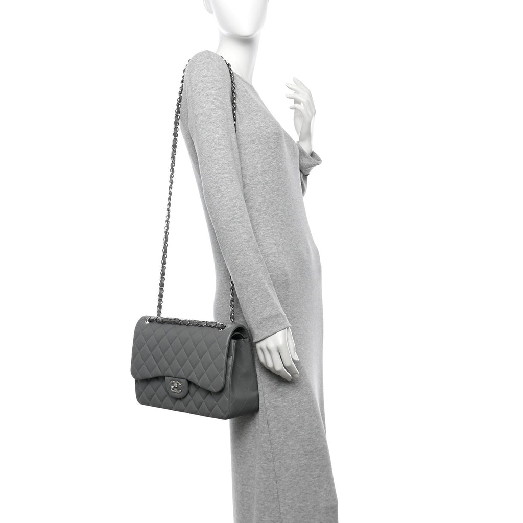Chanel Caviar Quilted Jumbo Double Flap Grey